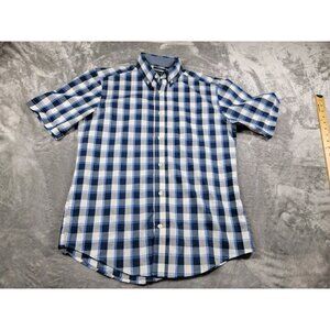 Mason James Shirt Mens Small Blue White Plaid Button Down Short‎ Sleeve Stretch
